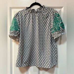 Black and White Blouse with Green Sleeves. Worn once.